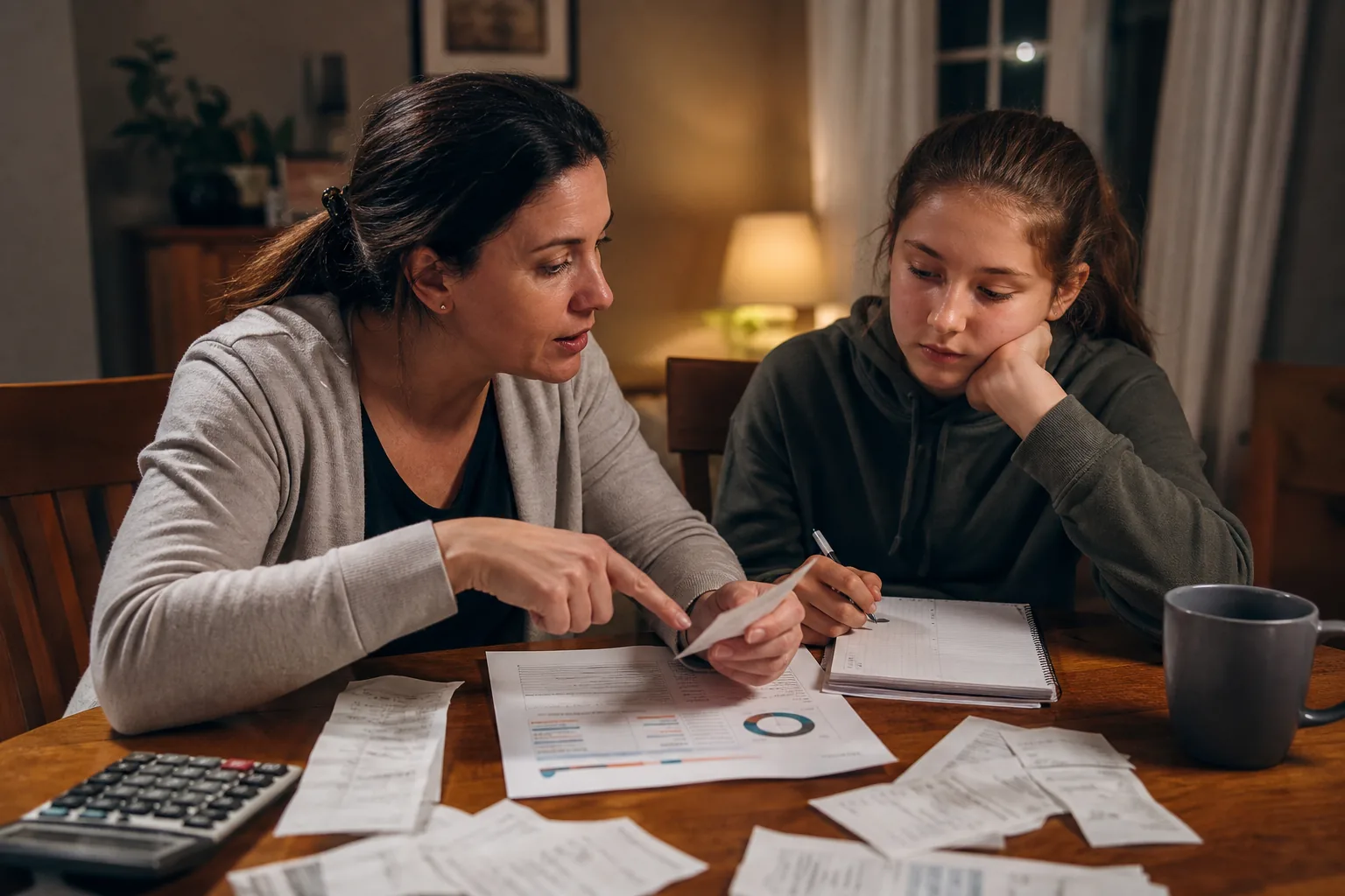 Parent and teenager discussing budgeting over receipts in a Canadian home