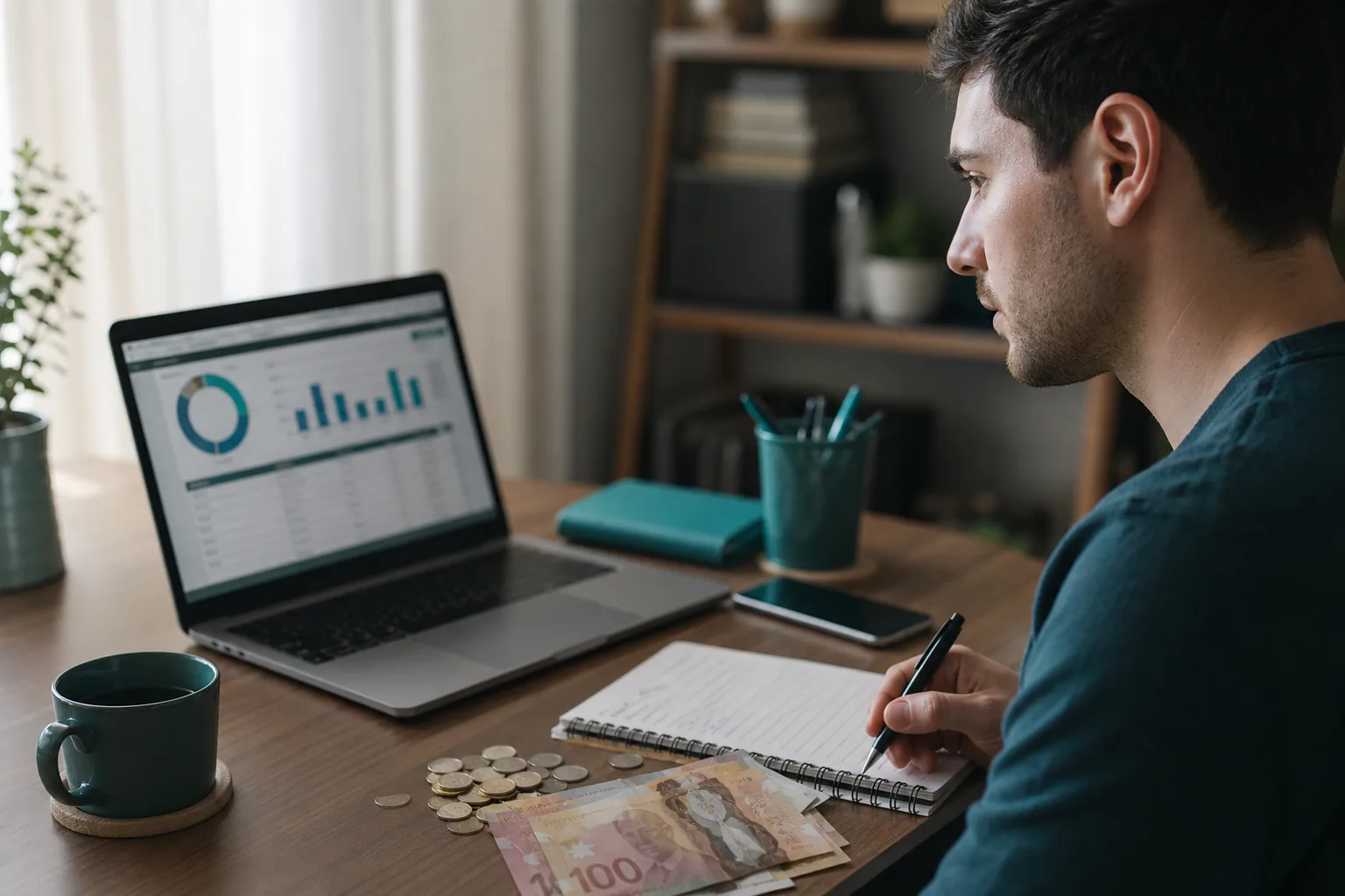 Man taking notes on financial data in home office.