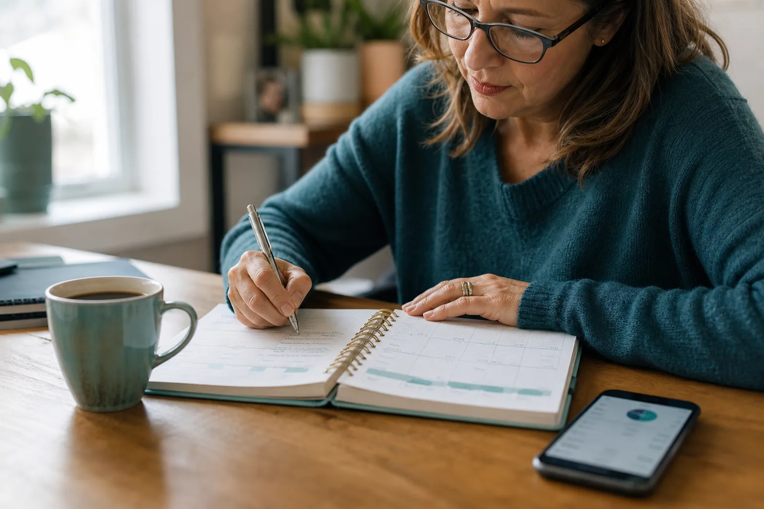 Woman planning financial priorities in a Canadian home office.