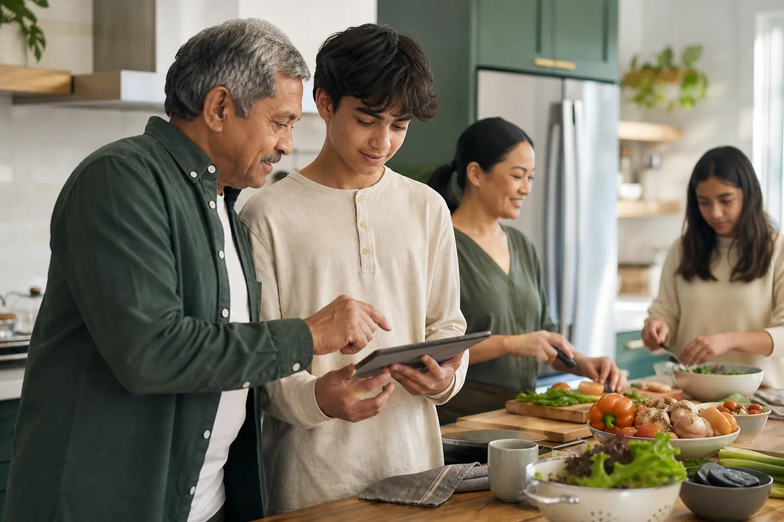 Canadian family in kitchen using a tablet for financial planning.