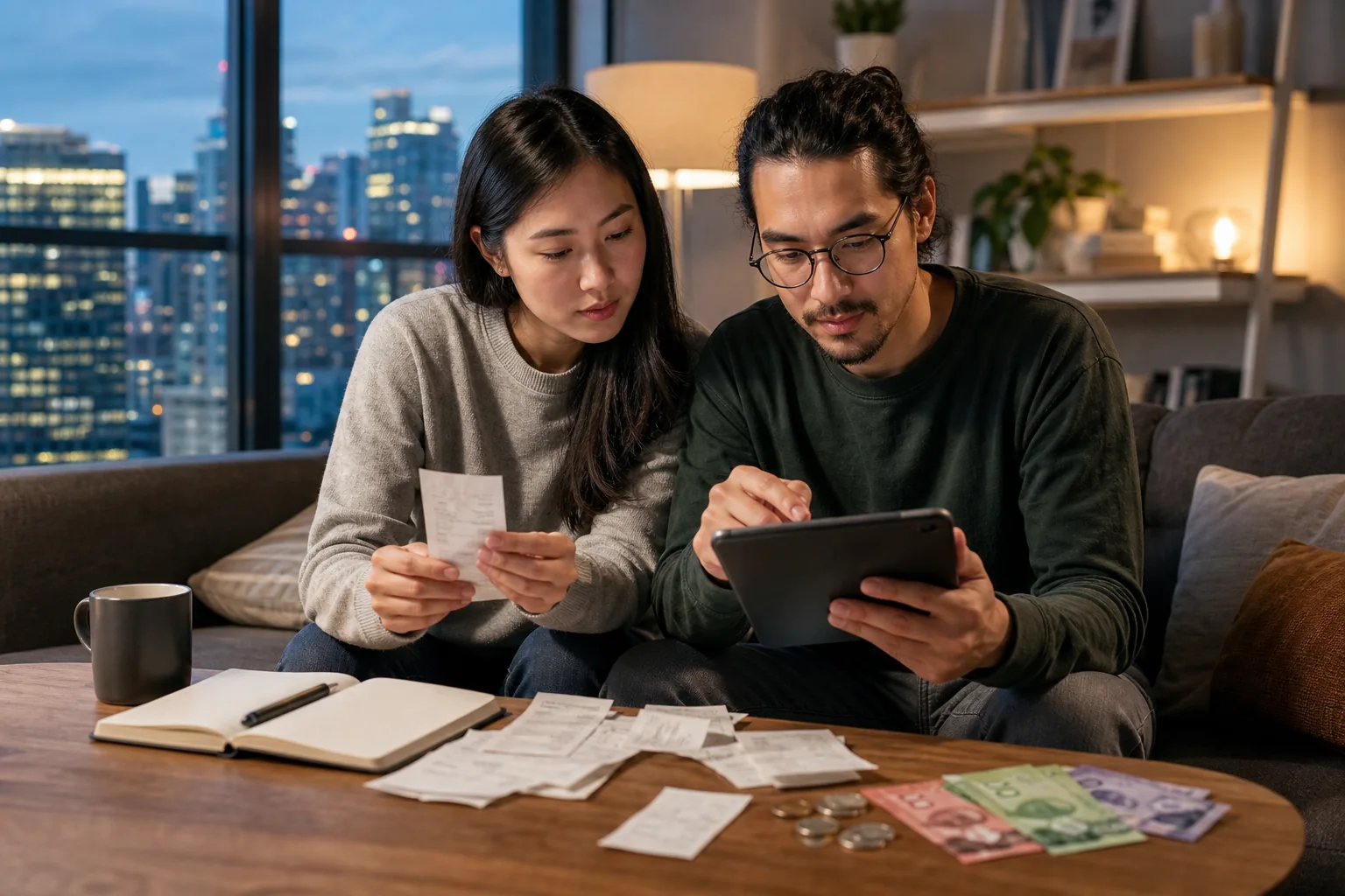 Couple canadien utilisant une tablette pour suivre les dépenses de pharmacie.
