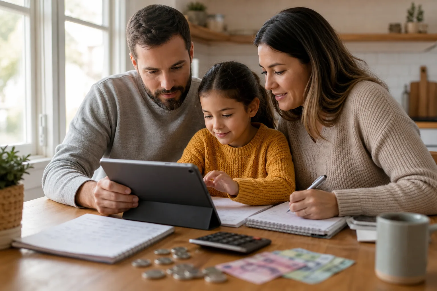 Parents and child planning a budget at a Canadian kitchen table.