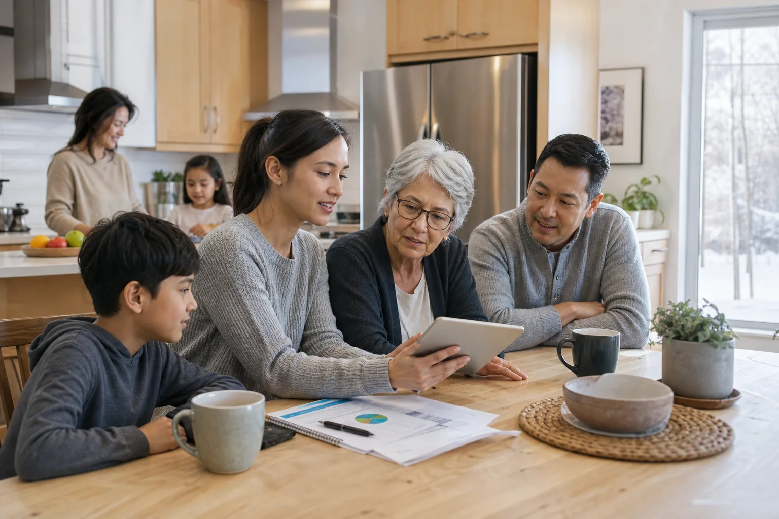 Family discussing financial planning at a kitchen table in Canada.