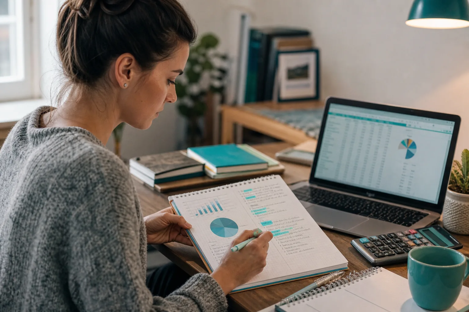 Young adult reviewing financial plan with notebooks and laptop in a home office.