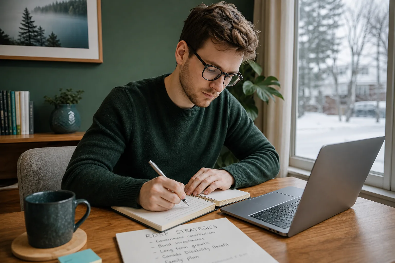 Young adult taking notes on RDSP strategies in a home office.