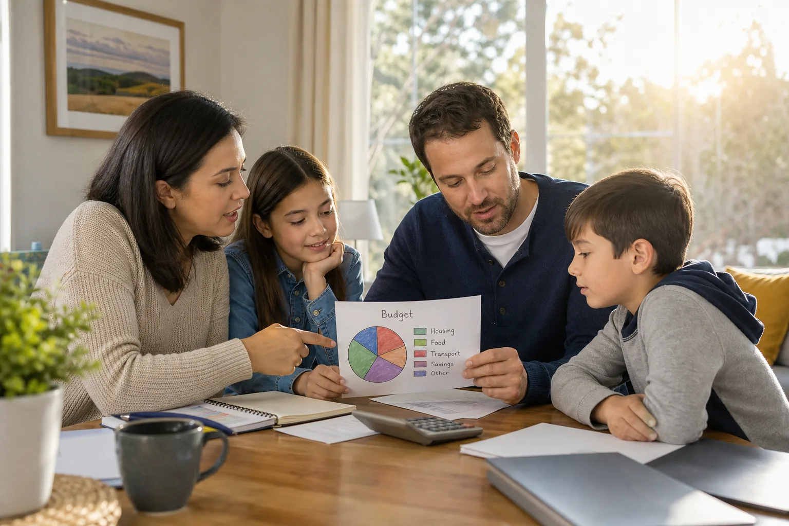 Family discussing budget priorities with children in a sunlit room.