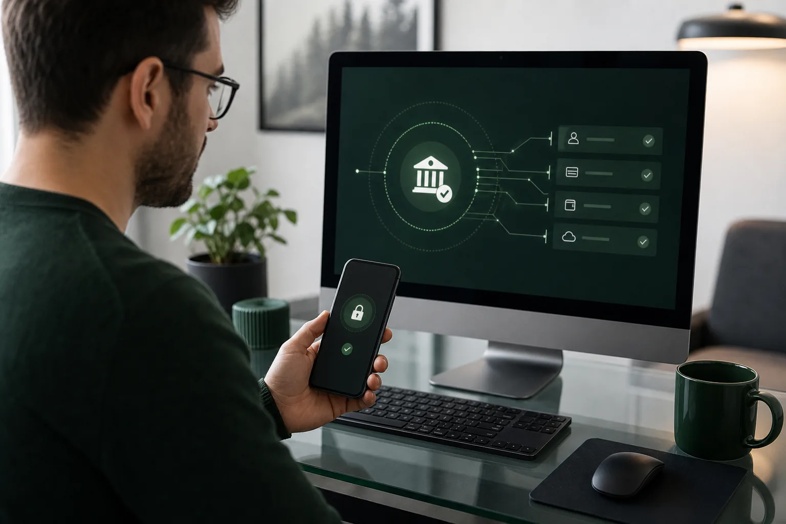 Individu technophile vérifiant une connexion bancaire sécurisée sur un smartphone.