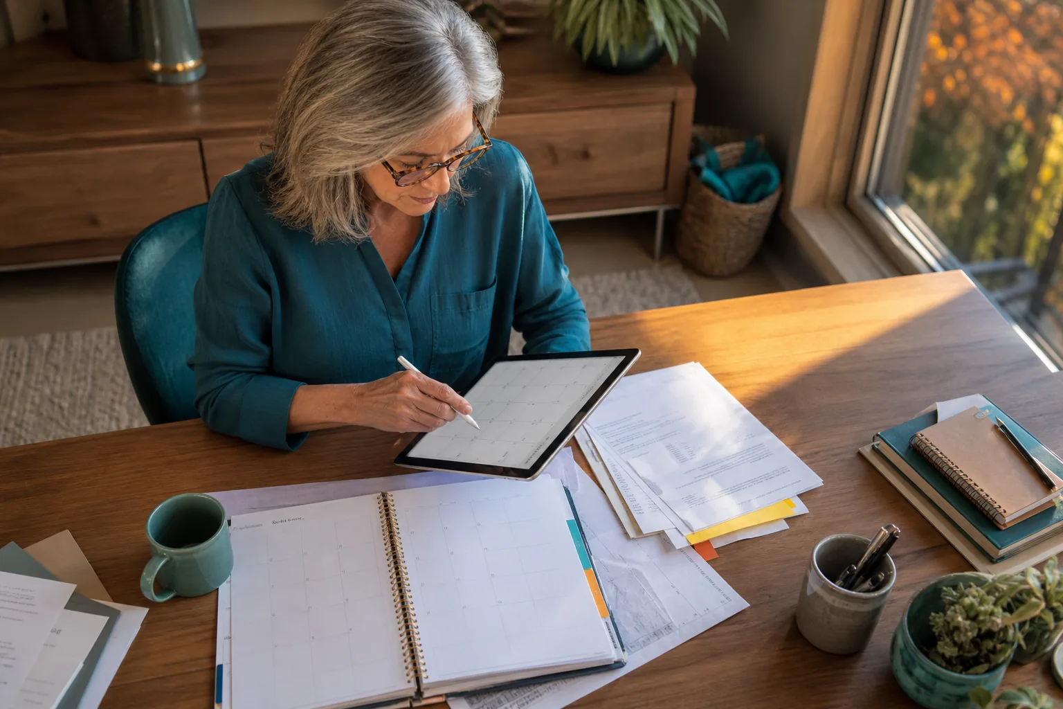 Adulte mûr planifiant les finances avec des outils numériques dans un bureau à domicile