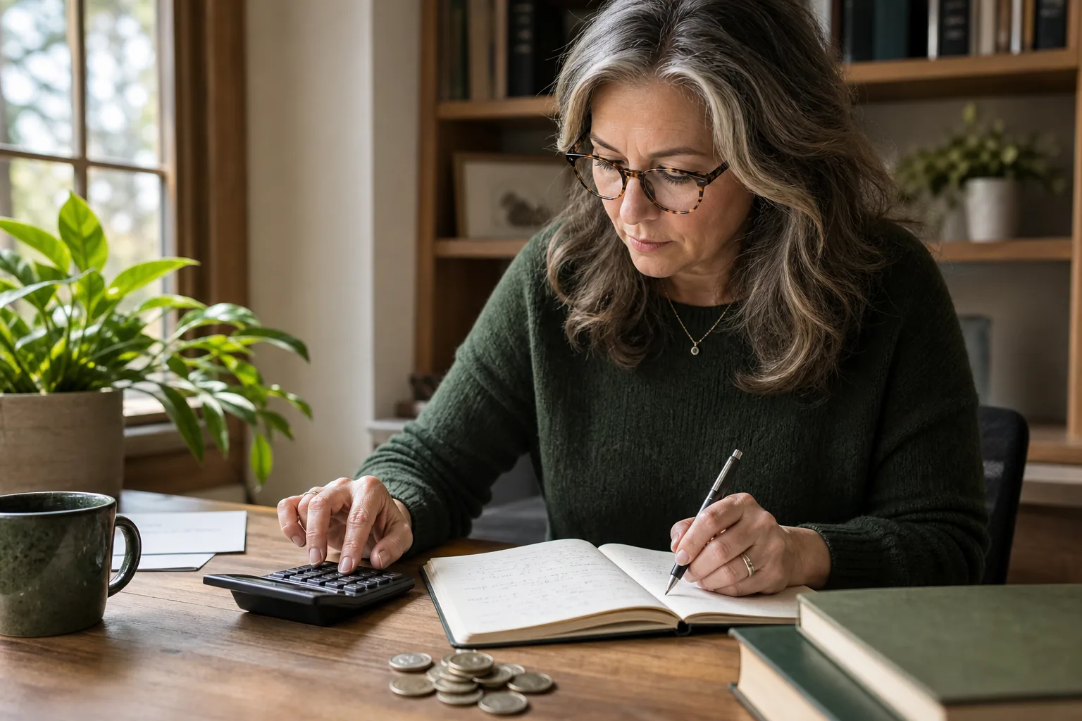 Mature woman planning finances with a calculator and notebook in home office