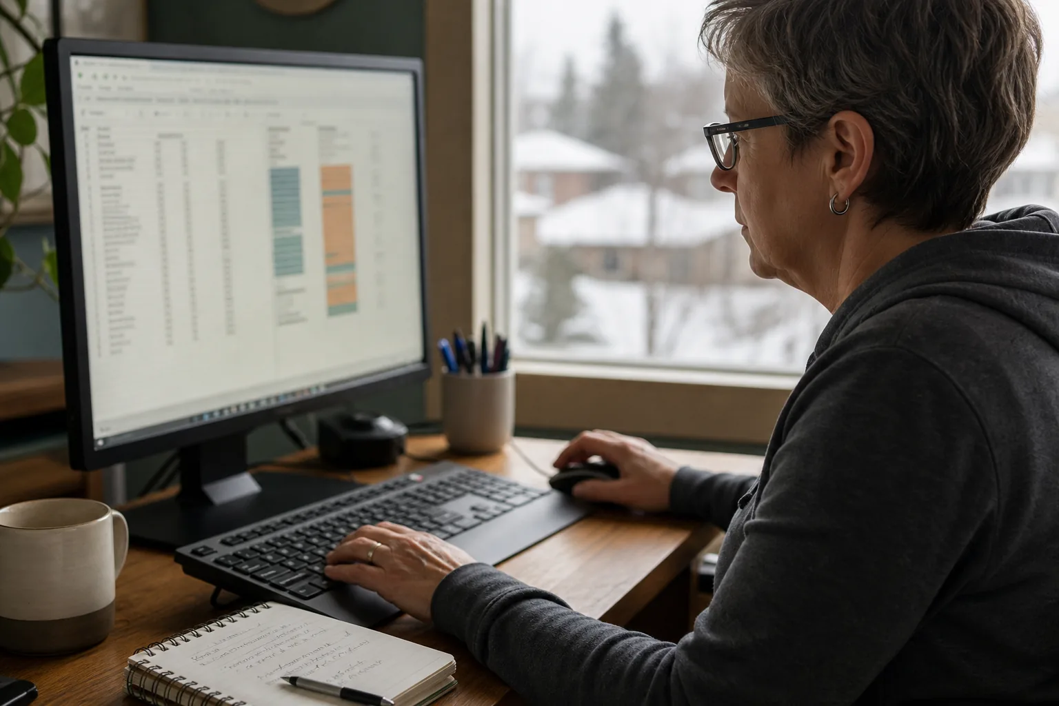 Parent adjusting budget on computer in Canadian home office.