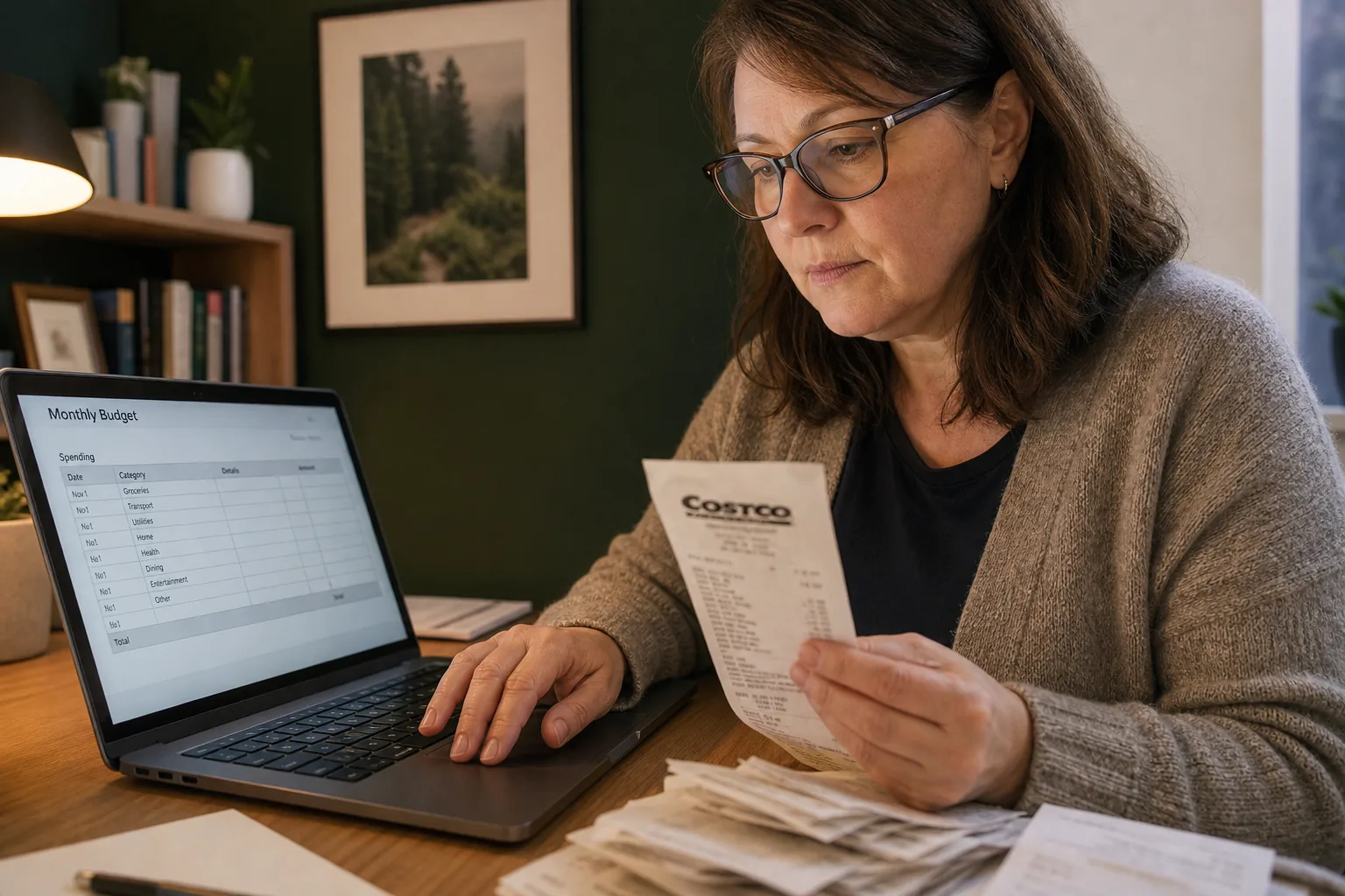 Woman inputting Costco receipt data into a laptop budget spreadsheet.