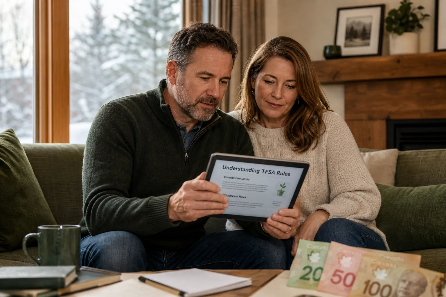 Couple in living room reviewing TFSA rules on tablet with CAD notes.