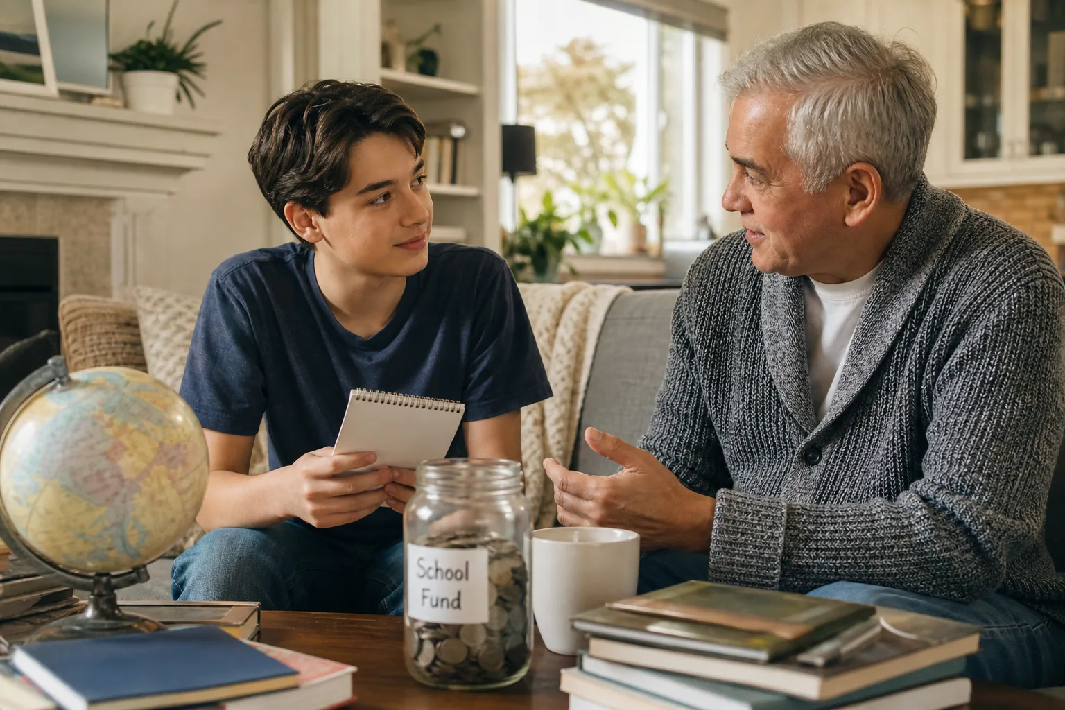 Teen and grandparent discussing school savings in Canadian living room.