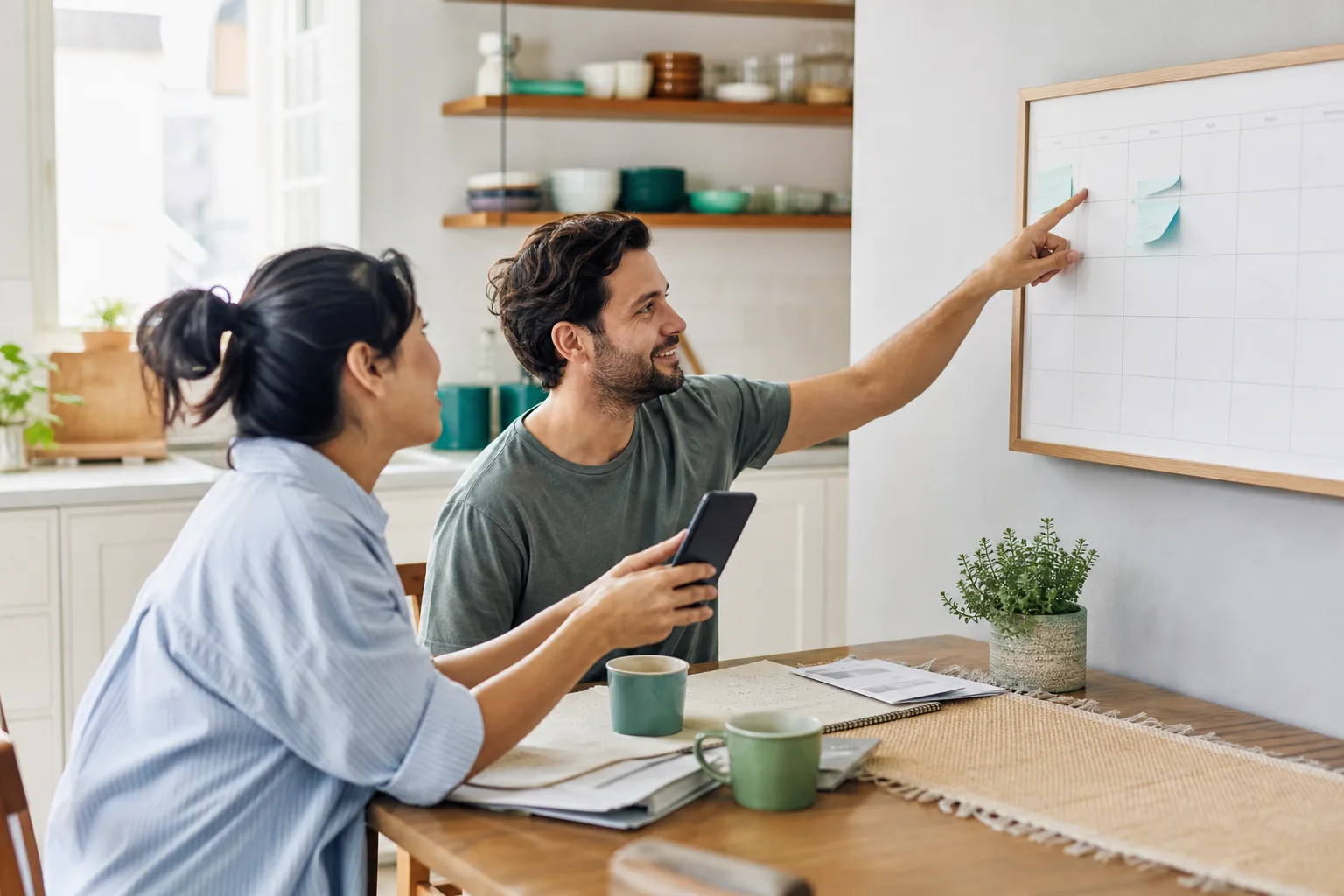 Couple plans weekly budget using a calendar and budget app in their Canadian kitchen.