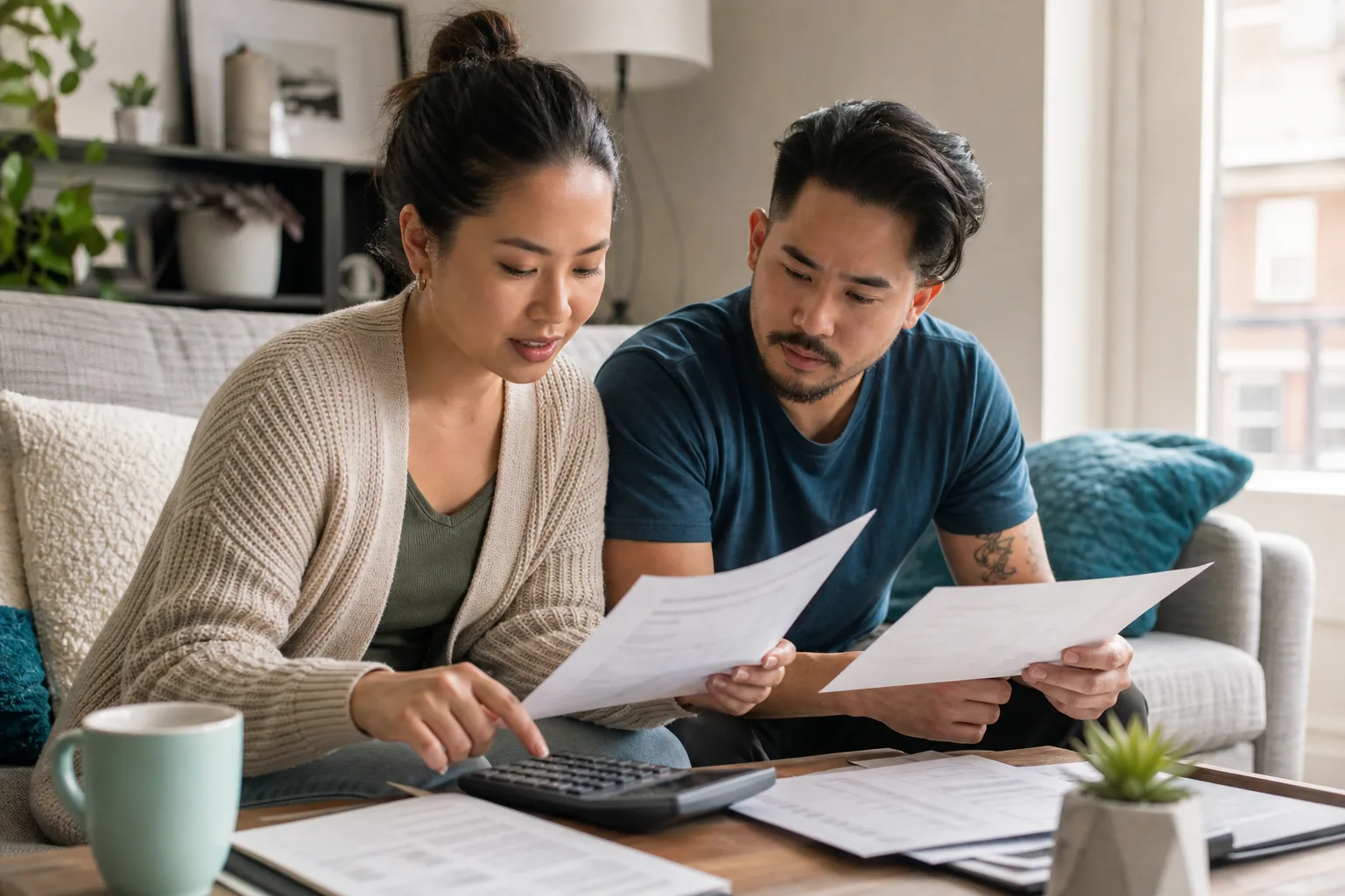 Couple reviewing financial documents in a Canadian apartment.