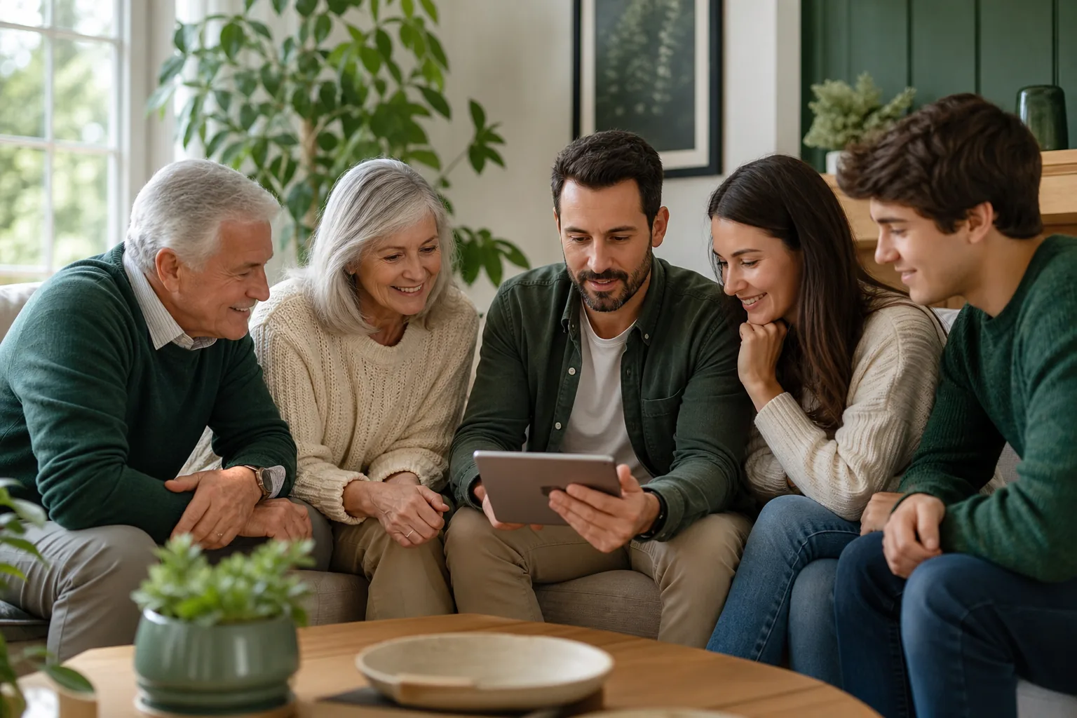 Famille discutant des plans financiers futurs dans un salon.