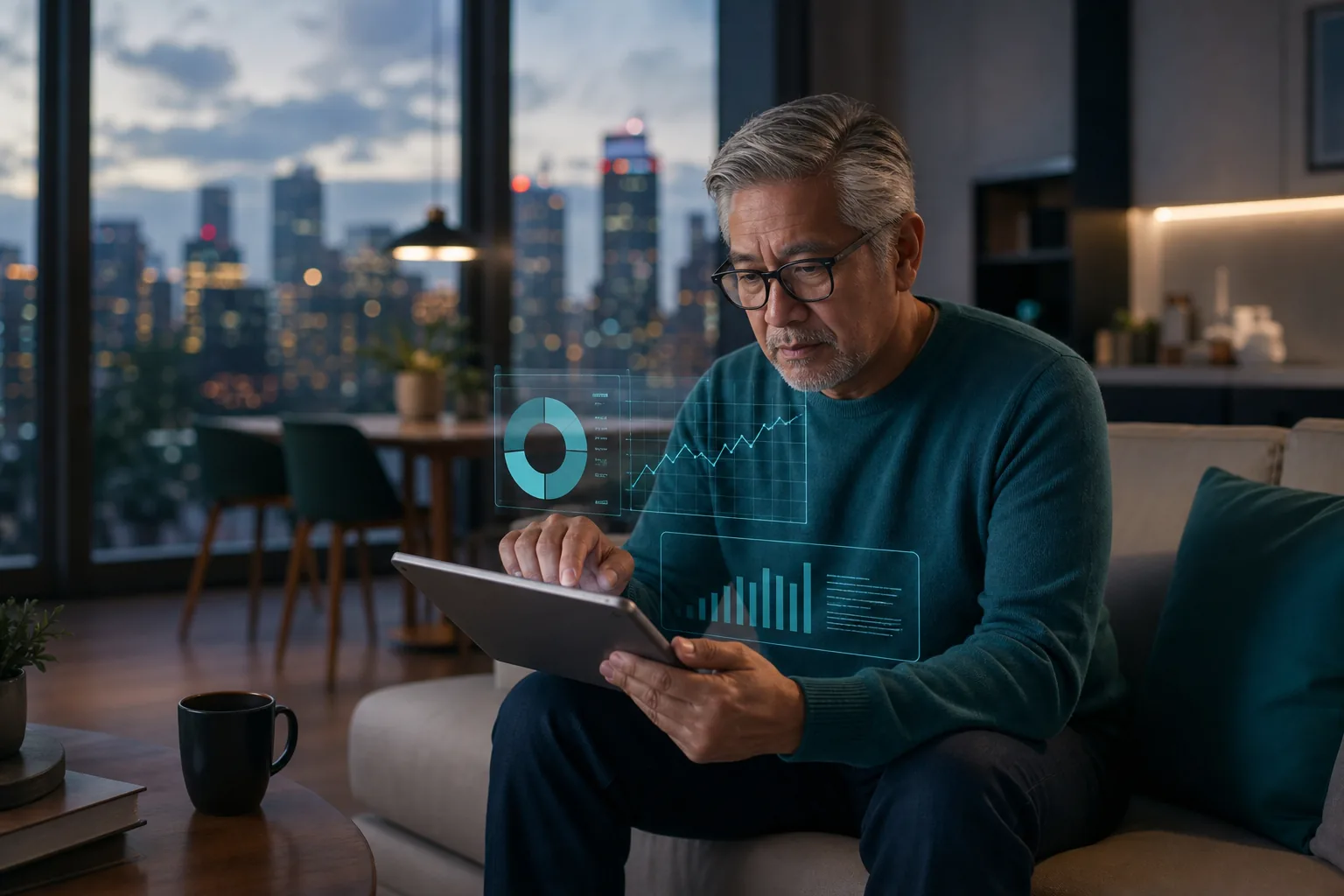 Older adult using tablet for financial insights.