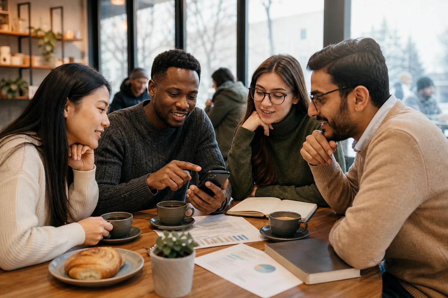 Friends discussing financial strategies over coffee in a cozy cafe.
