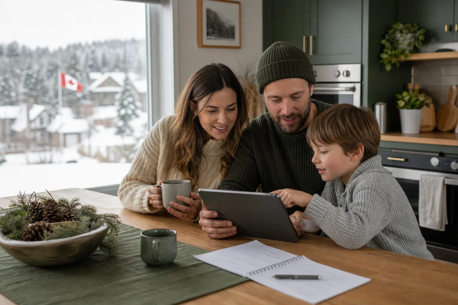 Famille canadienne utilisant une application de budget dans une cuisine moderne.