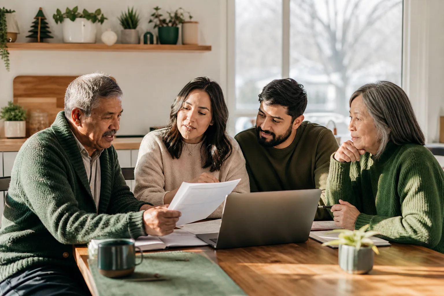 Canadian family discussing finances at kitchen table with laptop.