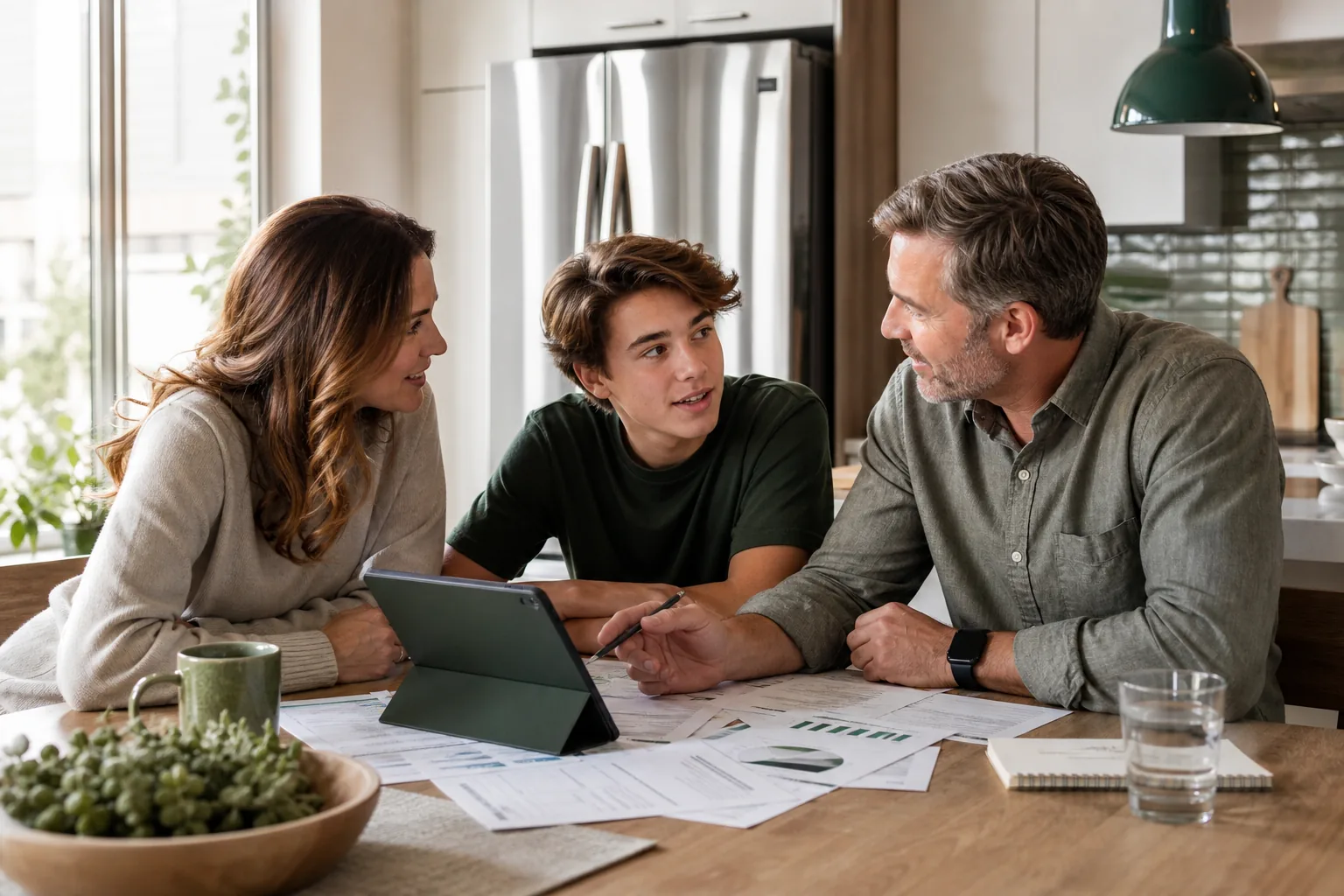 Canadian family discussing financial plans at the kitchen table.