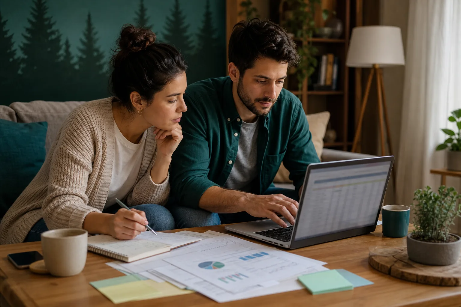 Couple planning finances with CAD examples in a Canadian living room.