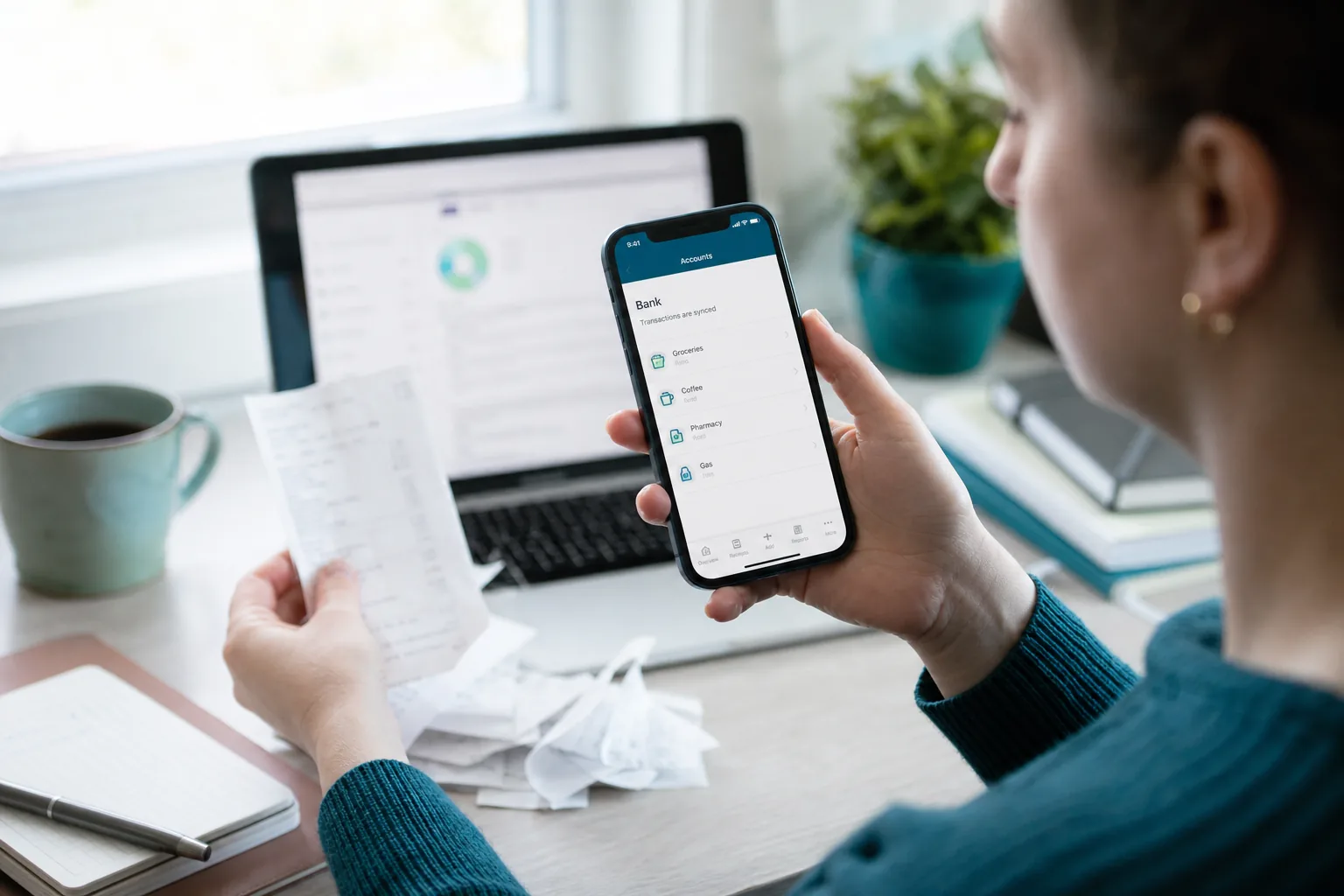 Canadien synchronisant des transactions bancaires avec une application de smartphone.