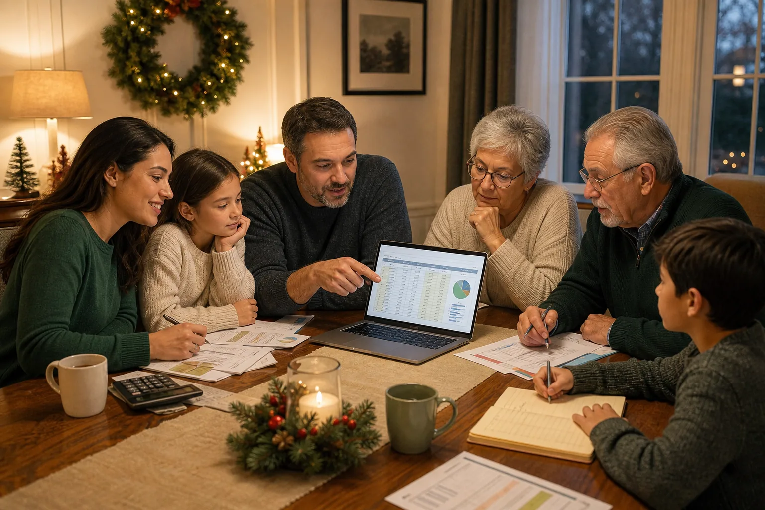 Family discussing holiday budget together at a dining table.