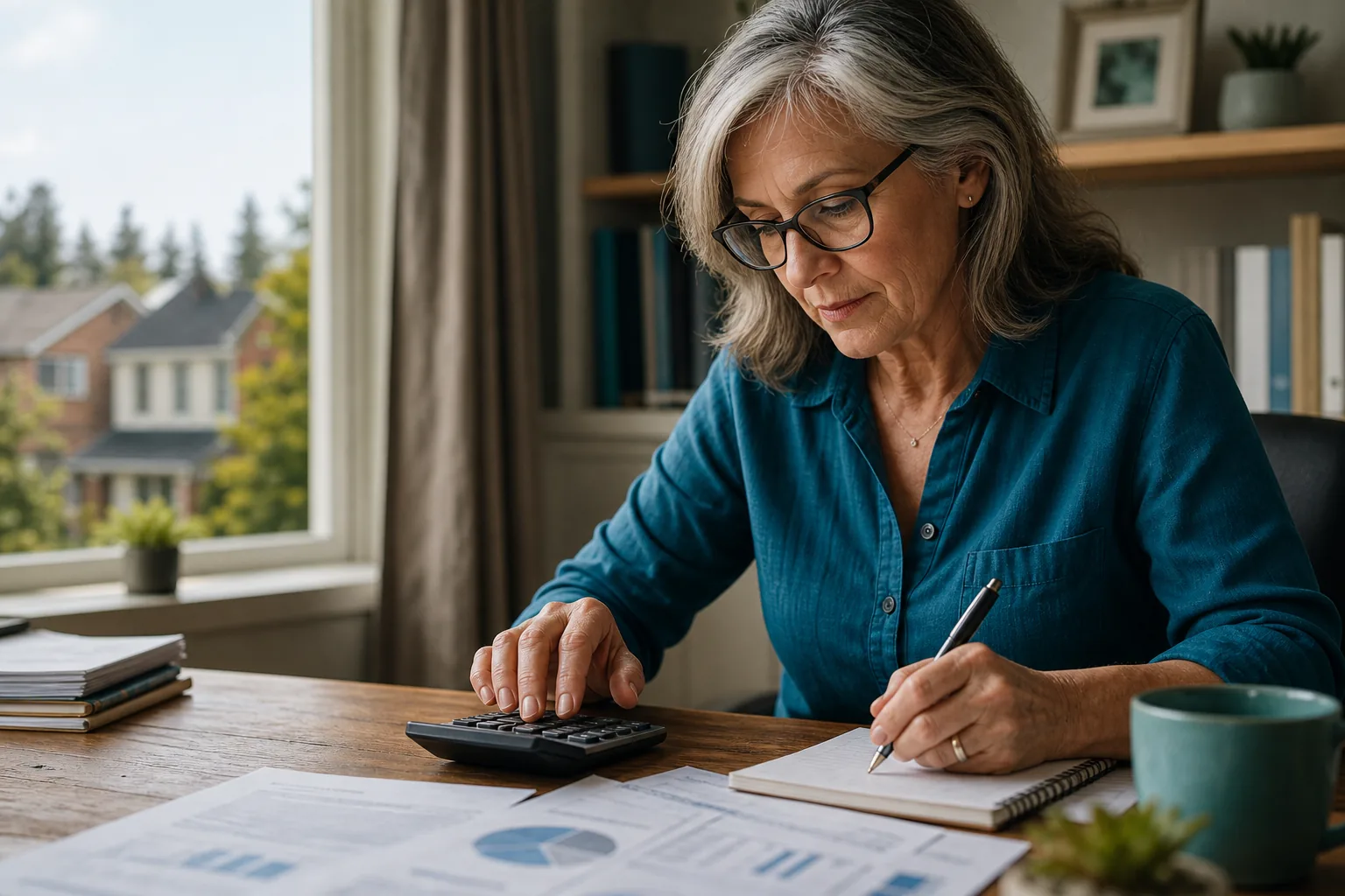 Older Canadian woman calculating budget strategies at her home office desk.