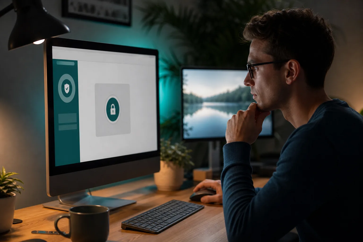 Professional using a secure banking app in a home office.