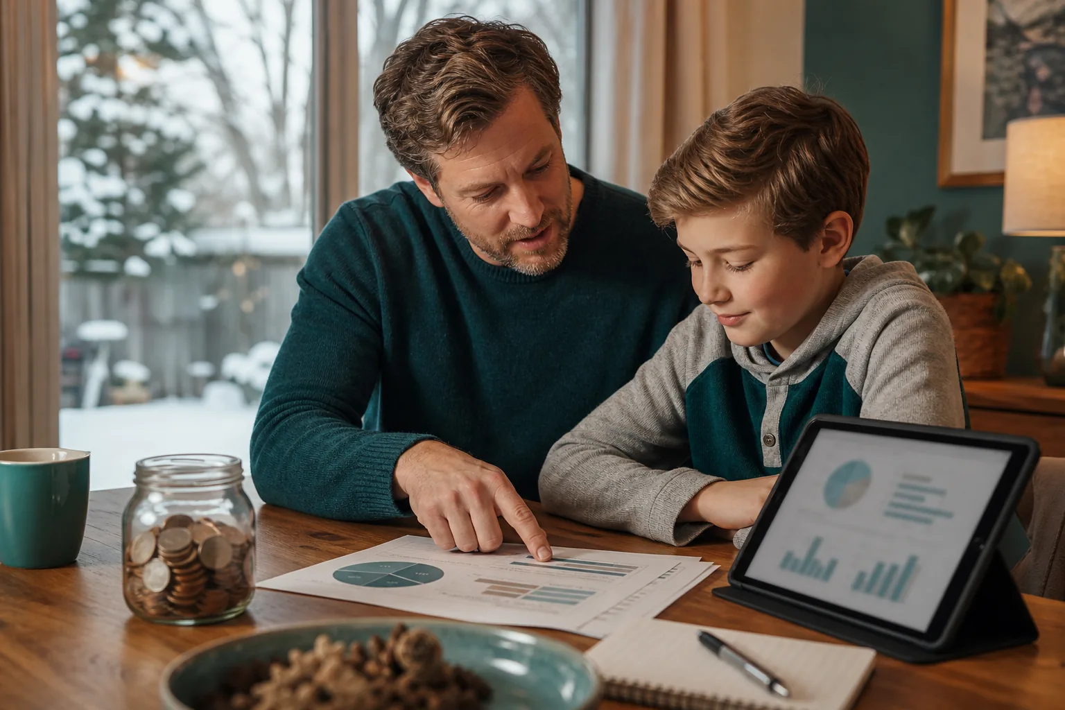 Parent teaching child about RESP savings at dining table