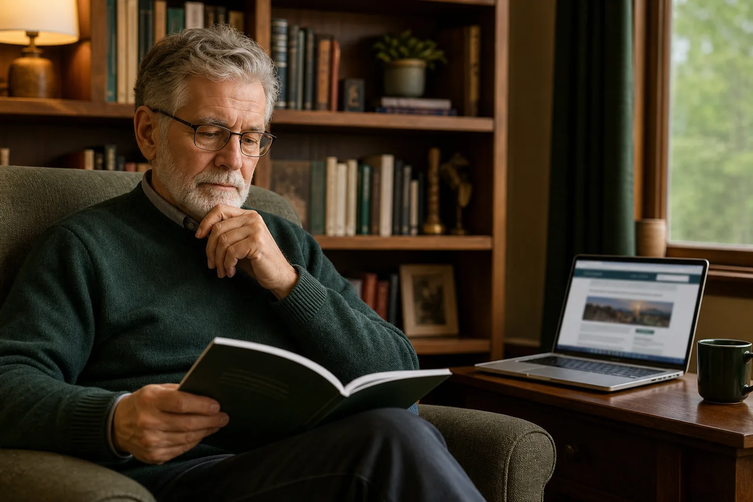 Man consulting a financial guidebook and trusted online sources in a Canadian study.