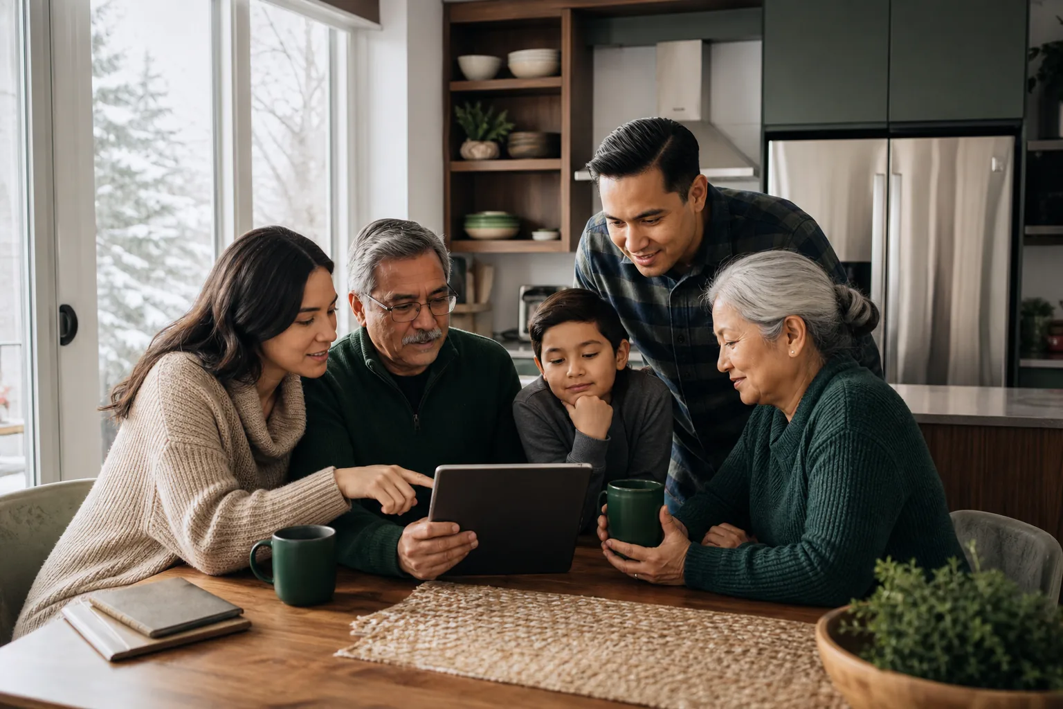 Famille discutant de plans financiers dans une cuisine canadienne moderne.