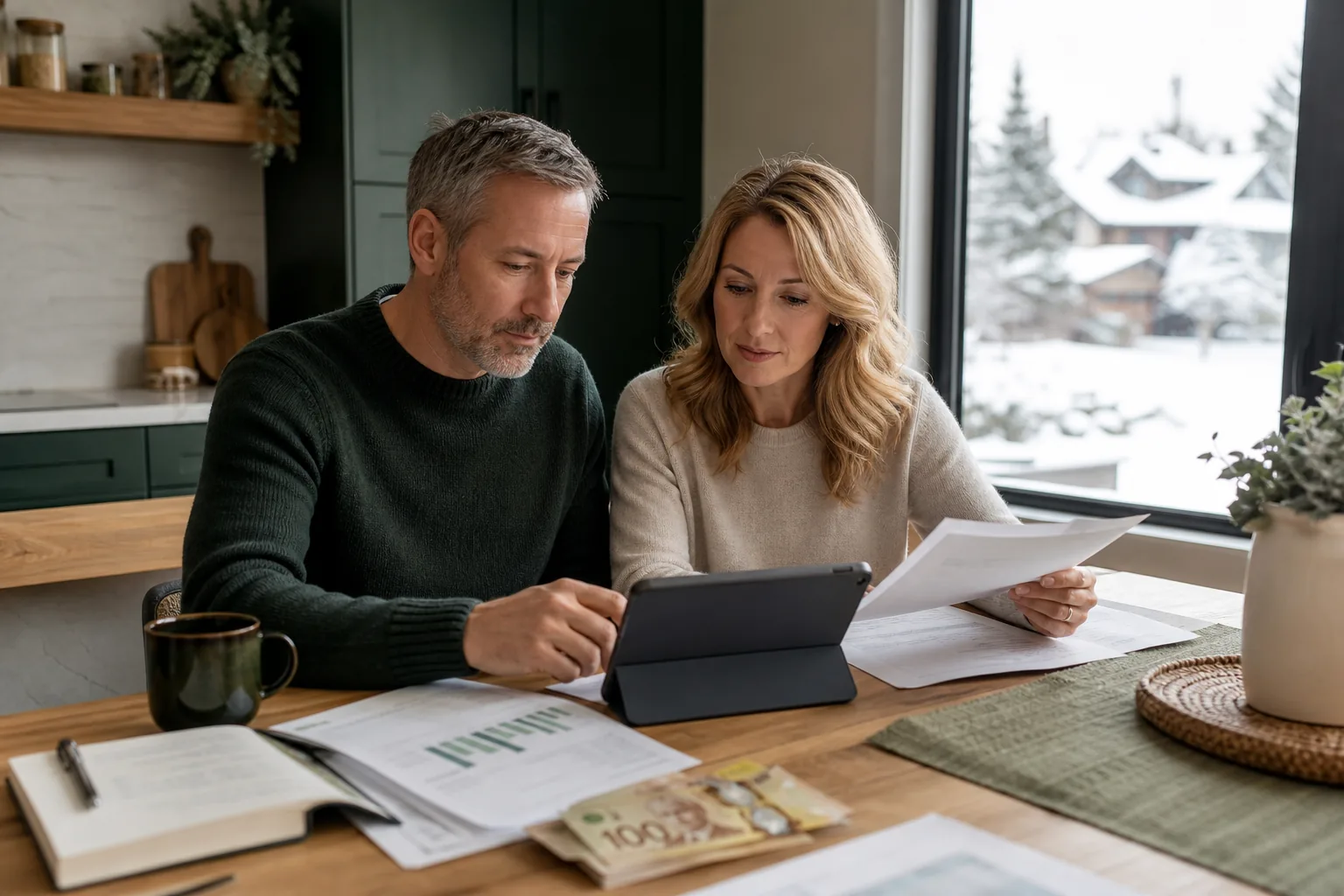 Couple reviewing financial plans in a modern Canadian kitchen.