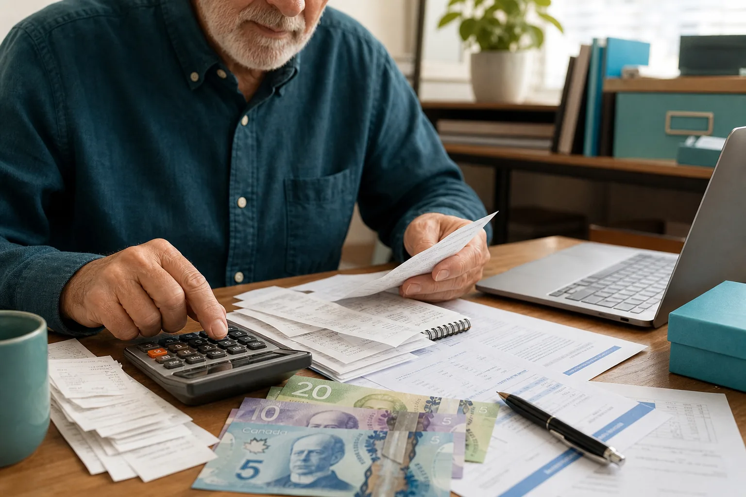 Senior Canadian man organizing financial documents and using a calculator.