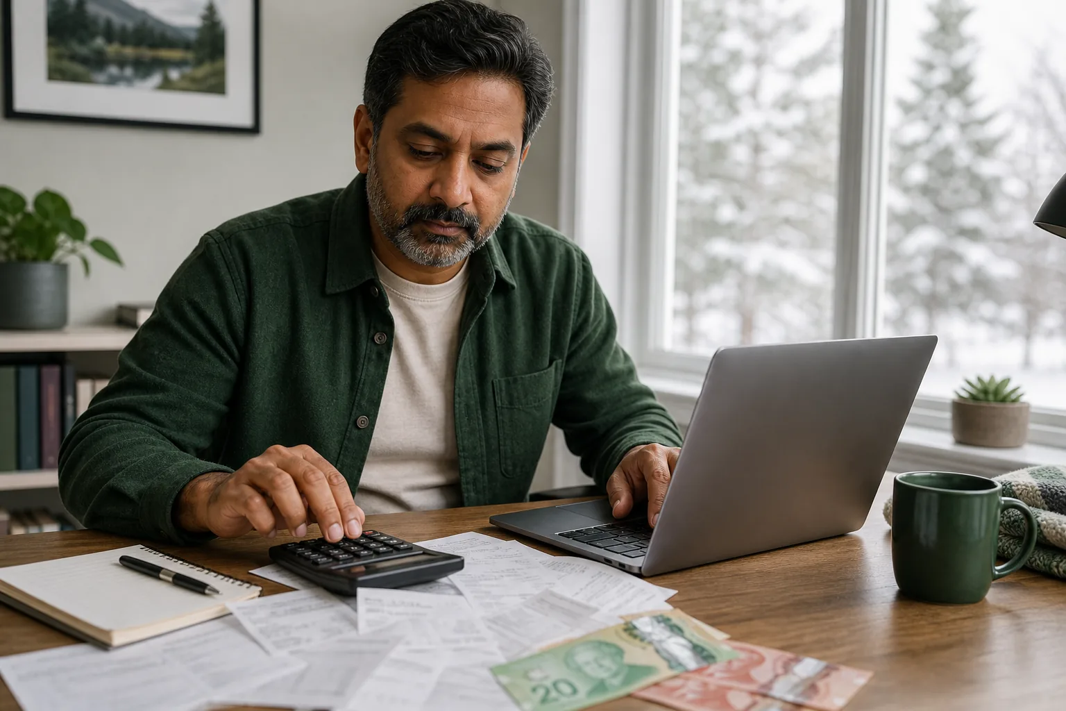 Person calculating finances with Canadian notes.