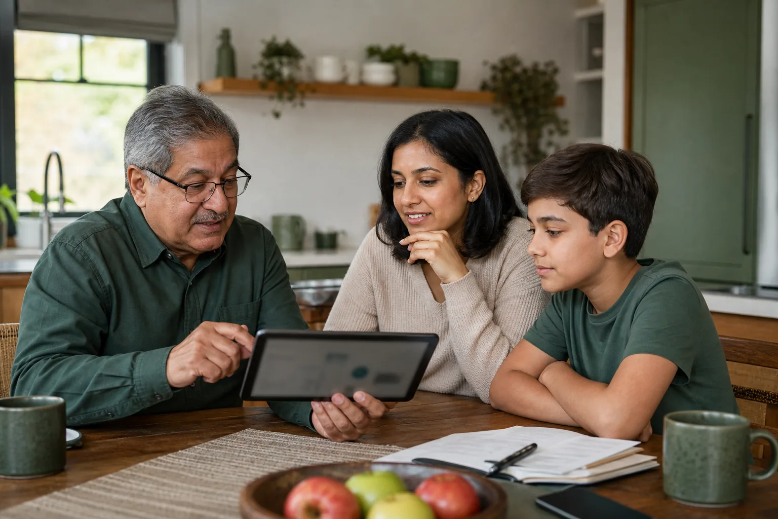 Family discussing financial planning at kitchen table.