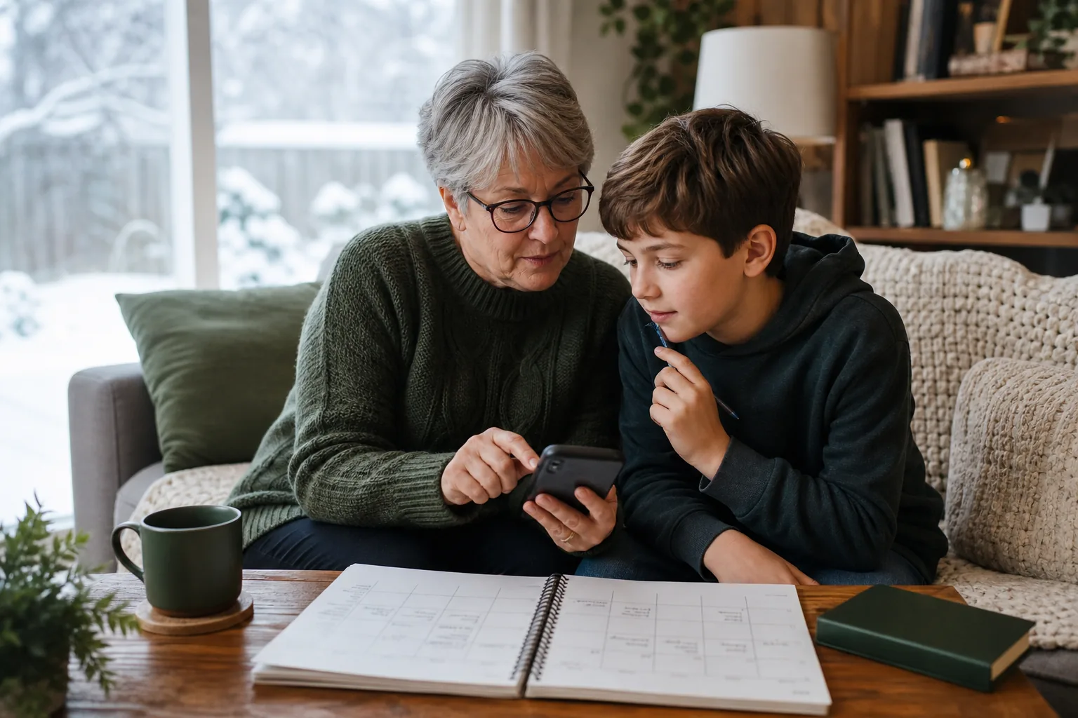 Grandparent and grandchild planning financial habits with a calendar.