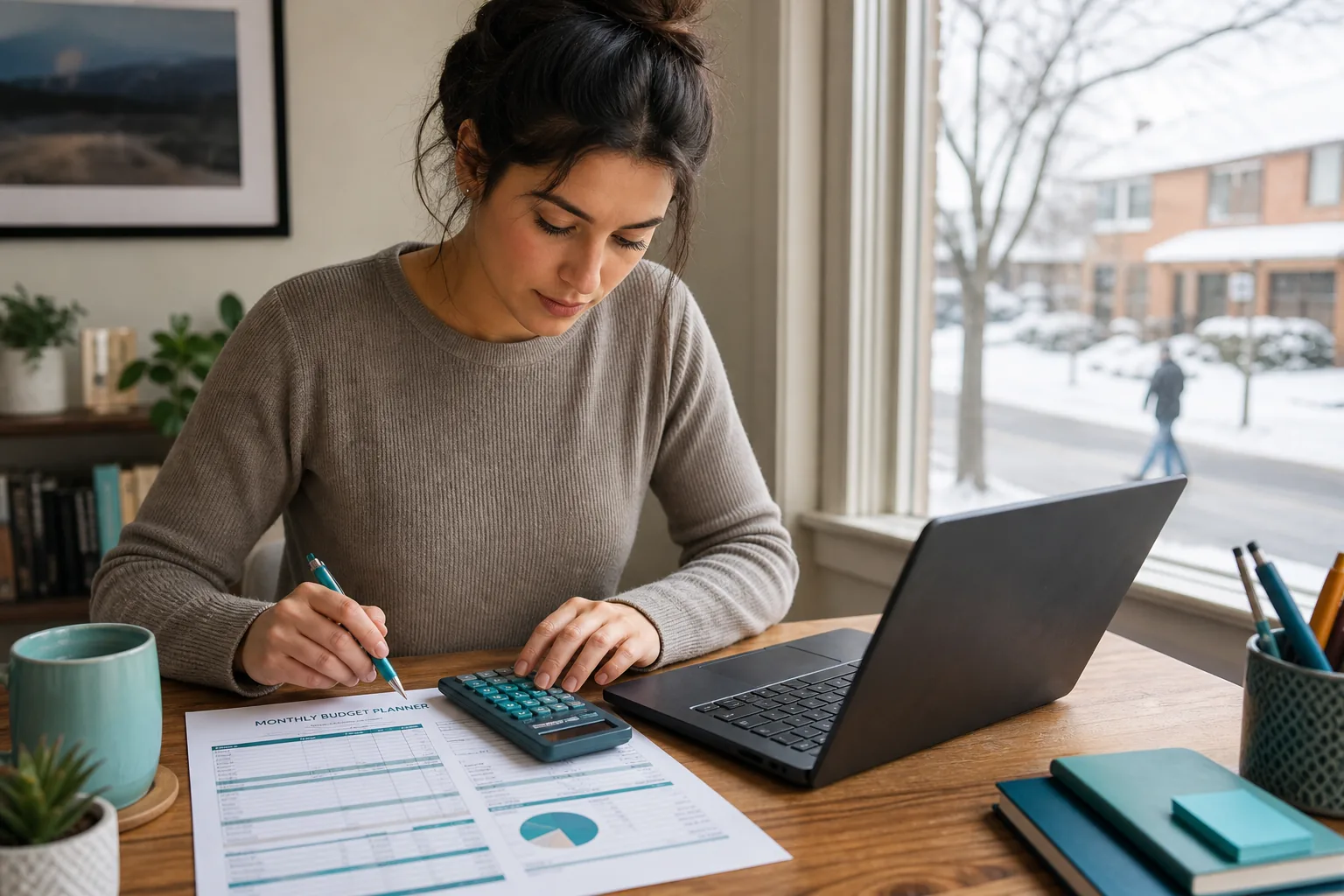 Young adult using calculator and laptop for TFSA planning in home office.