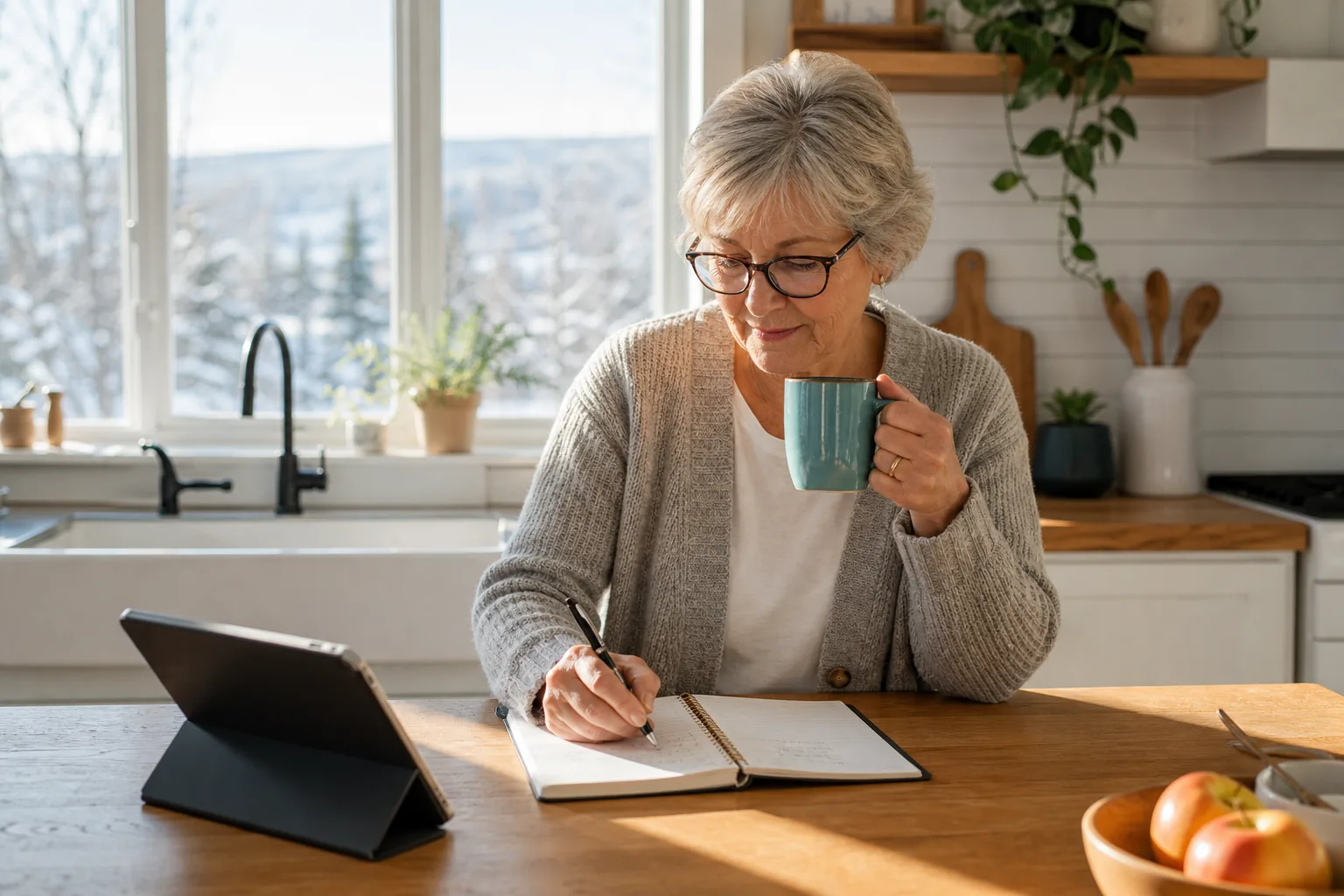 Senior writing financial plan in kitchen with morning coffee.