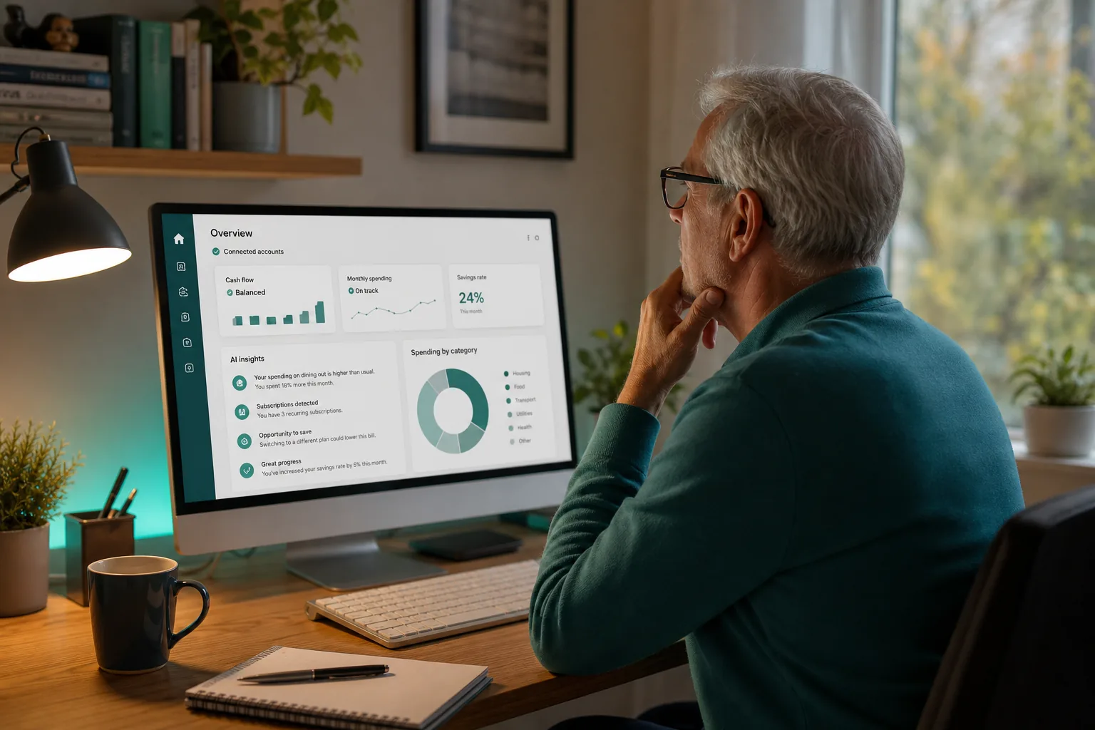 Senior Canadian using a desktop computer to analyze spending patterns with AI tools.
