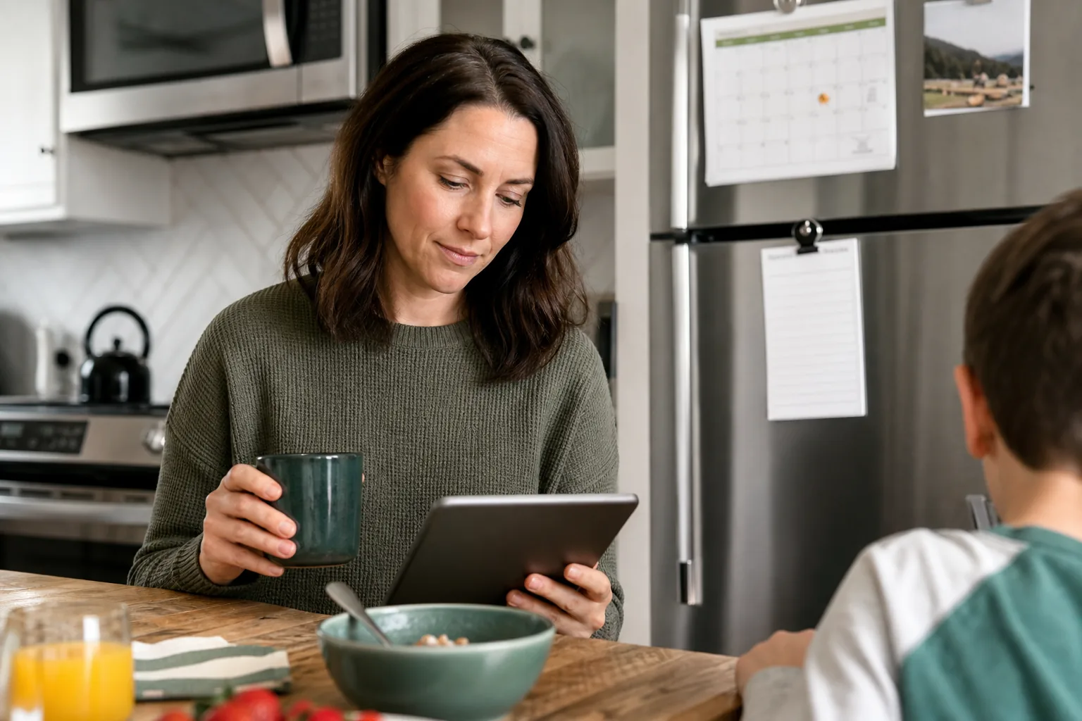 Parent tracking expenses on a tablet in a bright Canadian kitchen.