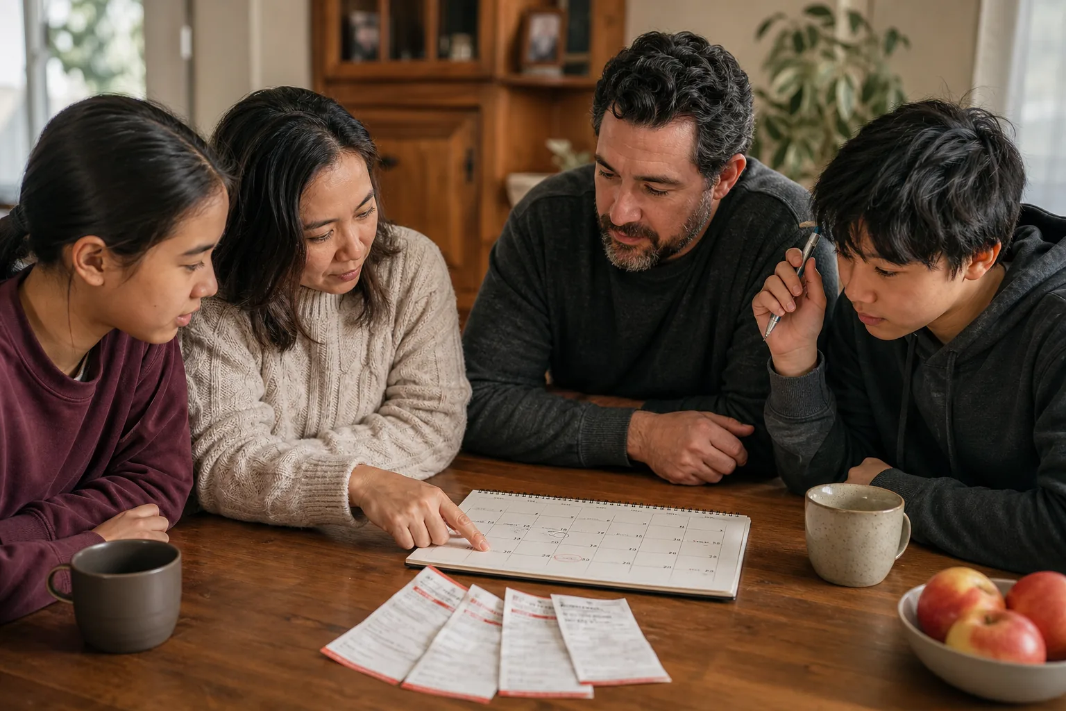 Canadian family discussing spending habits with a calendar and Tim Hortons receipts.