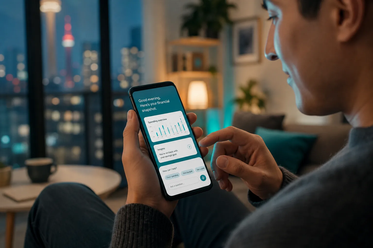 Person using smartphone for finance app in modern apartment.