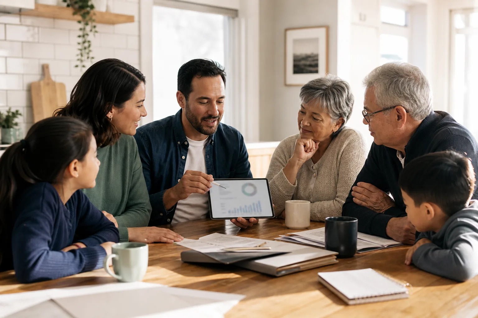 Multi-generational Canadian family discussing finances at a kitchen table.