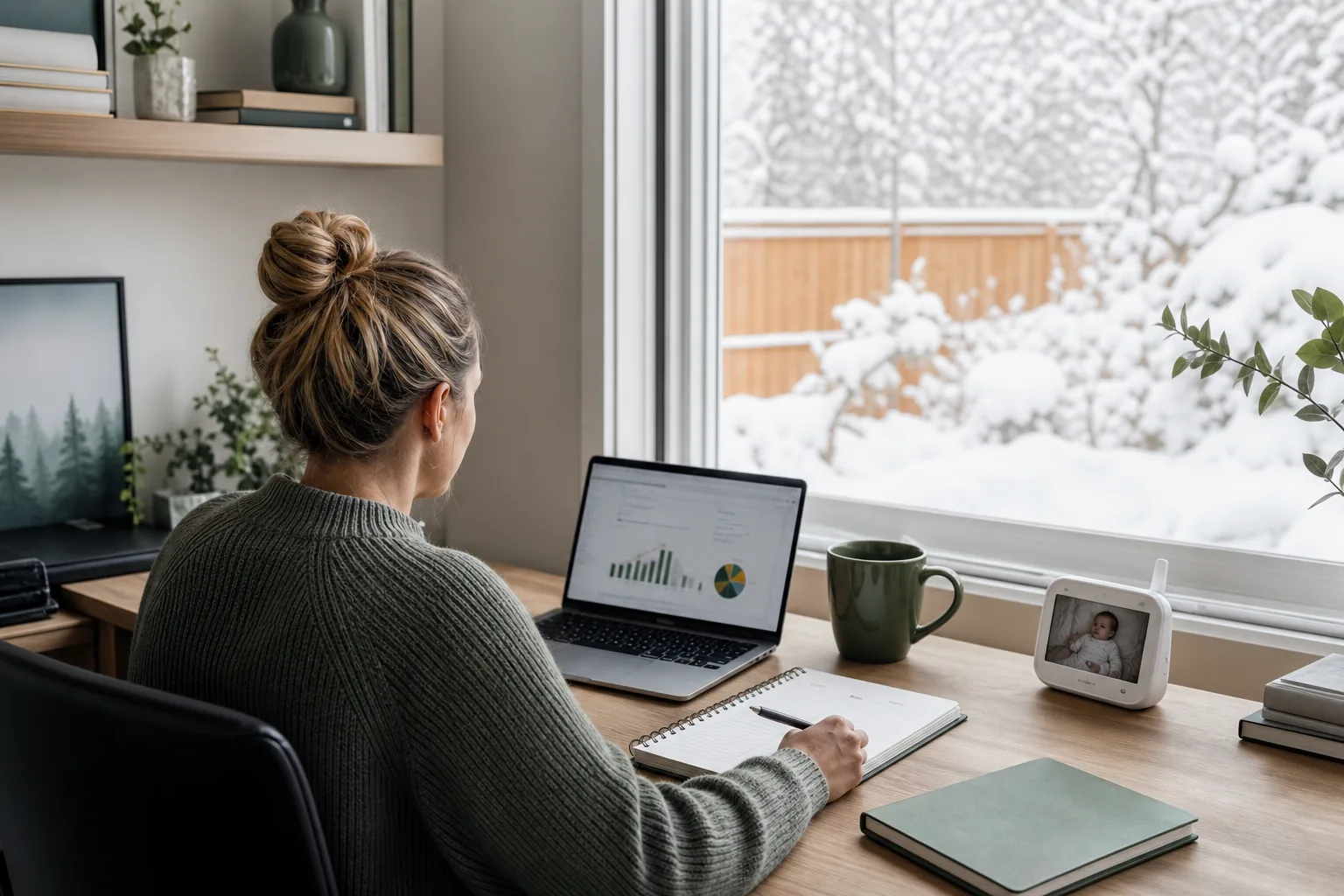 Parent planning budget with laptop and planner in a home office.