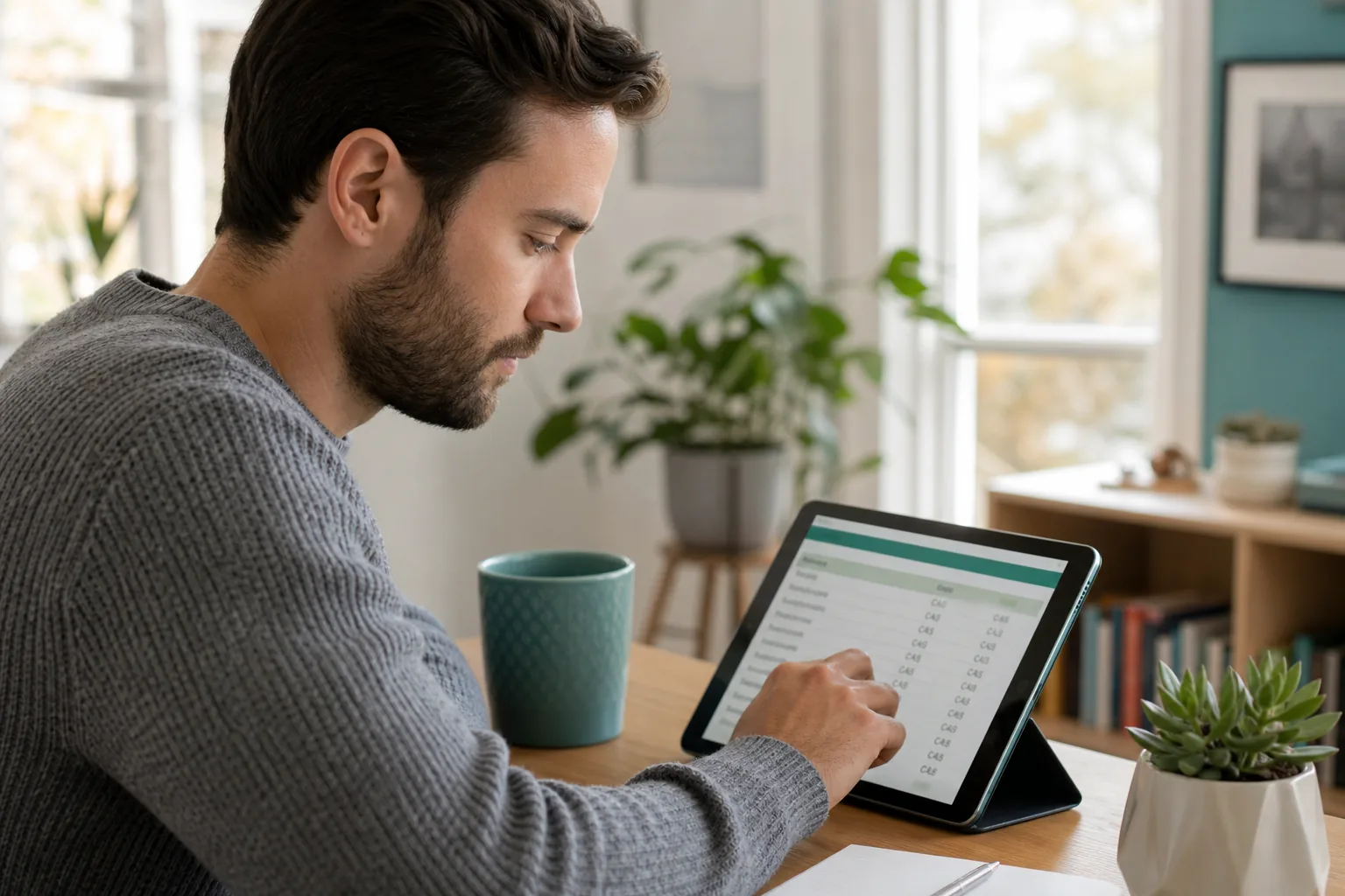 Young Canadian man reviewing budget spreadsheets on a tablet.