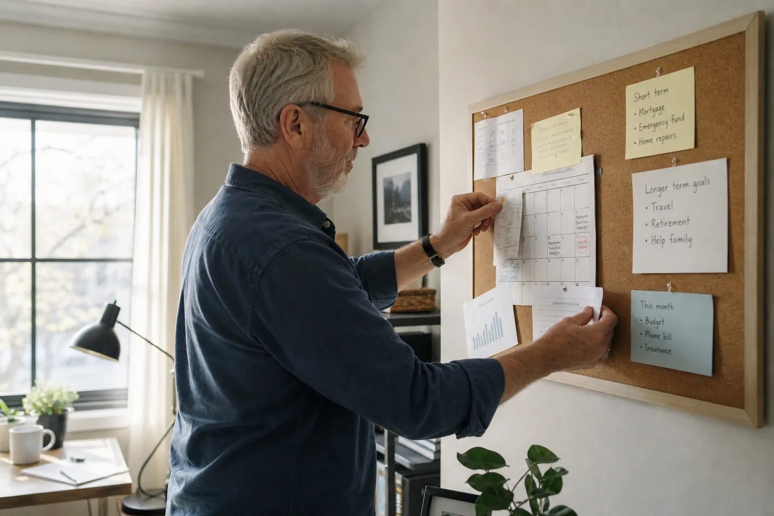 Older Canadian man organizing financial plans in a home office