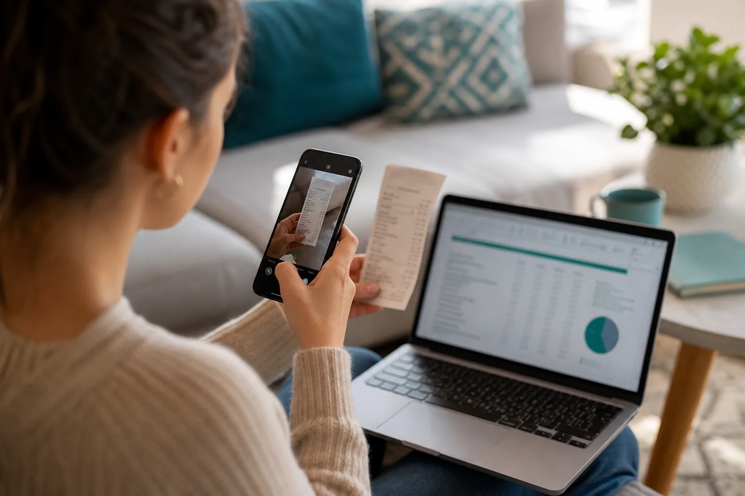 Young adult snapping a receipt with a smartphone in a cozy living room.