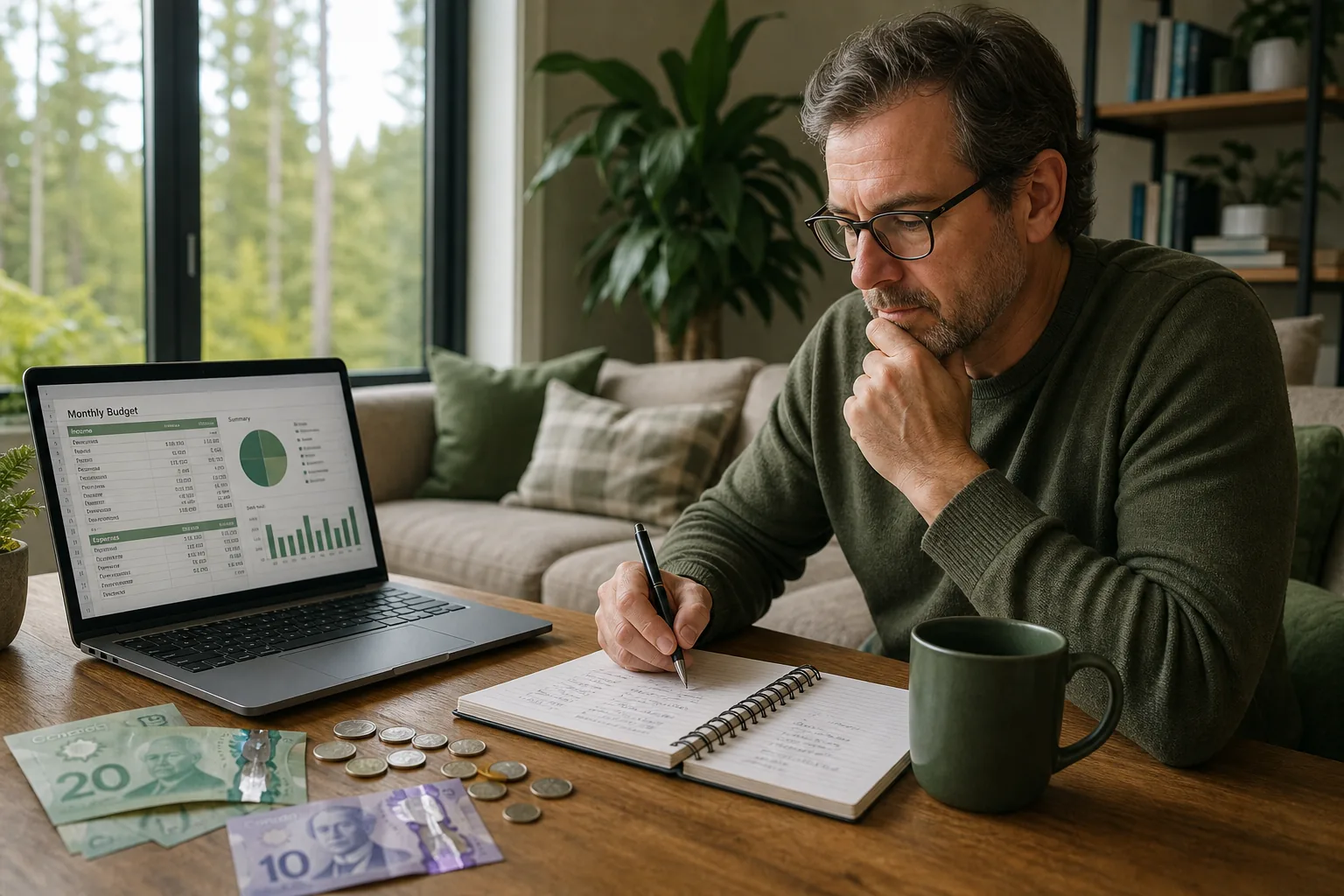 Middle-aged Canadian using a laptop for budgeting with Canadian coins nearby.